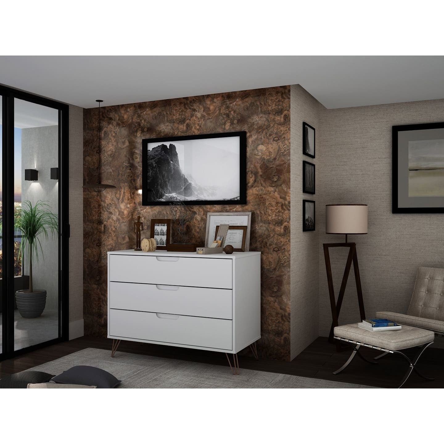 manhattan comfort rockefeller mid-century- modern dresser with 3-drawers in white