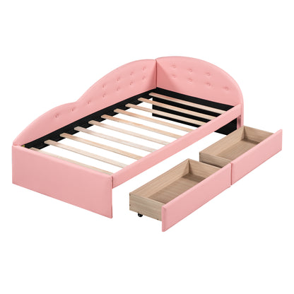 Upholstered Tufted Bed with Two Drawers and Cloud Shaped Guardrail, Pink