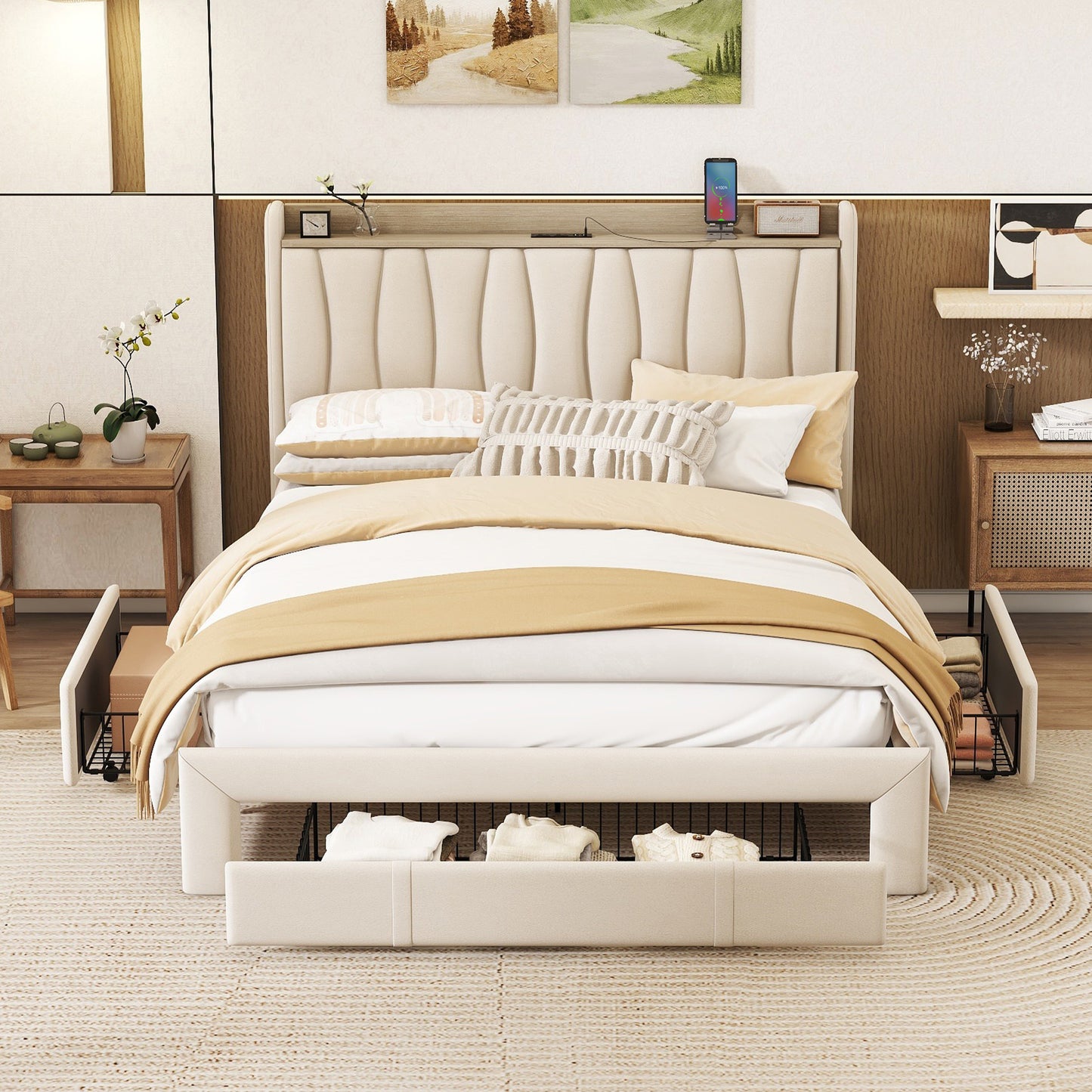 queen size bed frame with storage headboard and charging station, beige