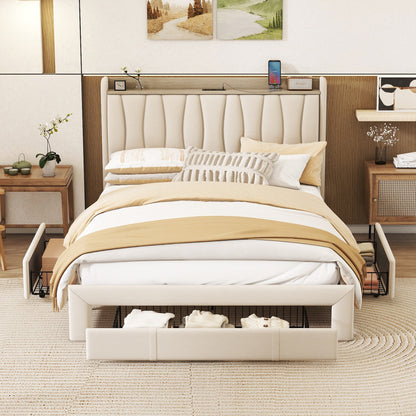 Queen Size Bed Frame with Storage Headboard and Charging Station, Beige