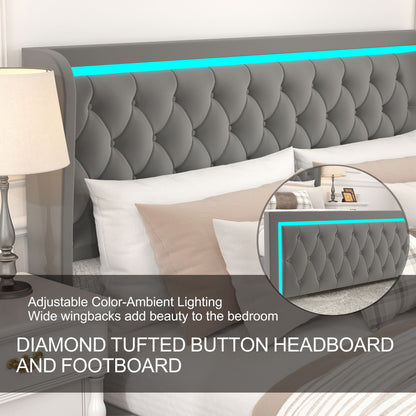 Velvet Upholstered Bed with Adjustable Colorful LED Light Decorative Headboard