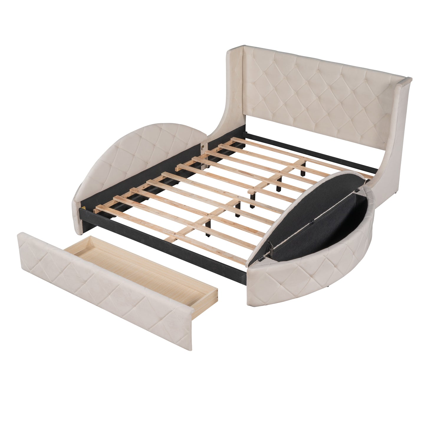 upholstered velvet platform bed with wingback headboard and 1 big drawer; 2 side storage stool