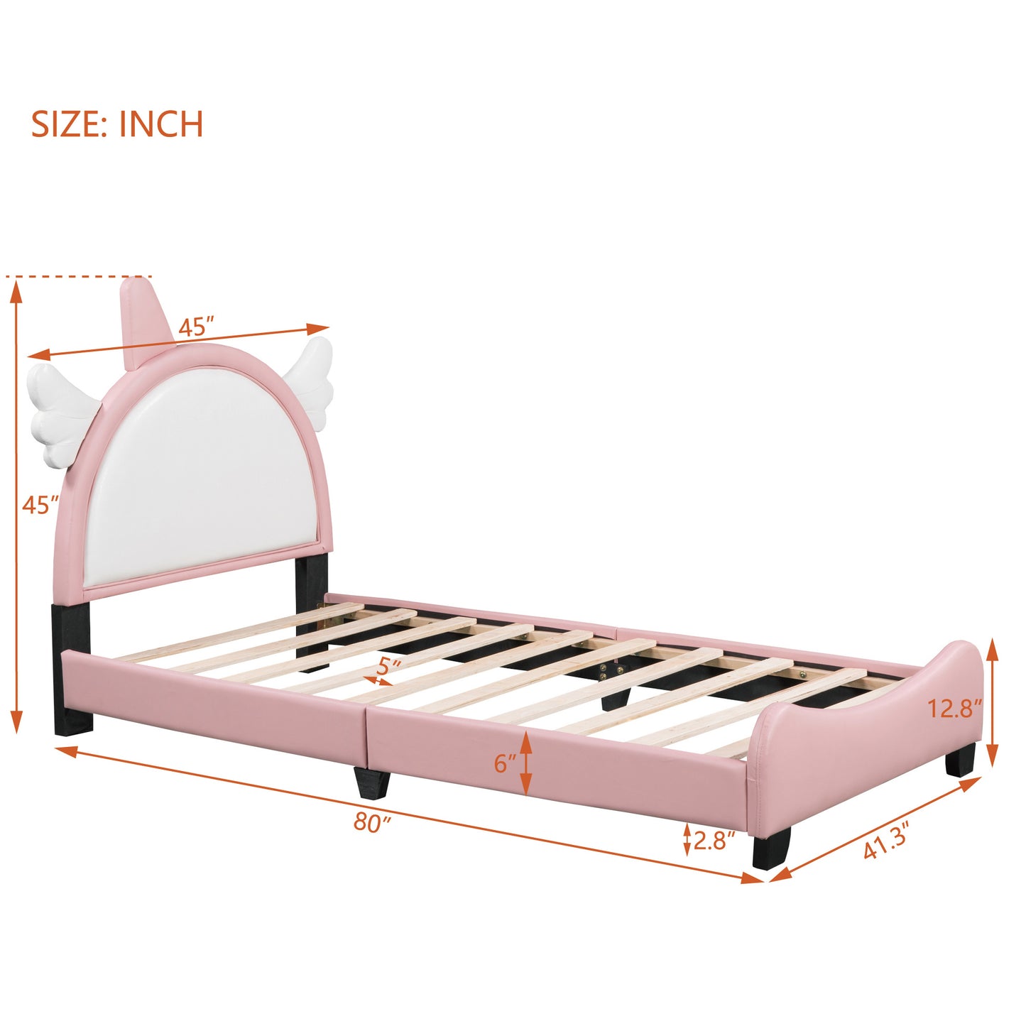 cute upholstered bed with unicorn shape headboard, white+pink