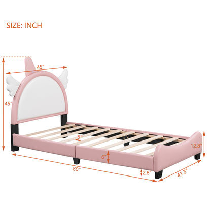 Cute Upholstered Bed With Unicorn Shape Headboard, White+Pink