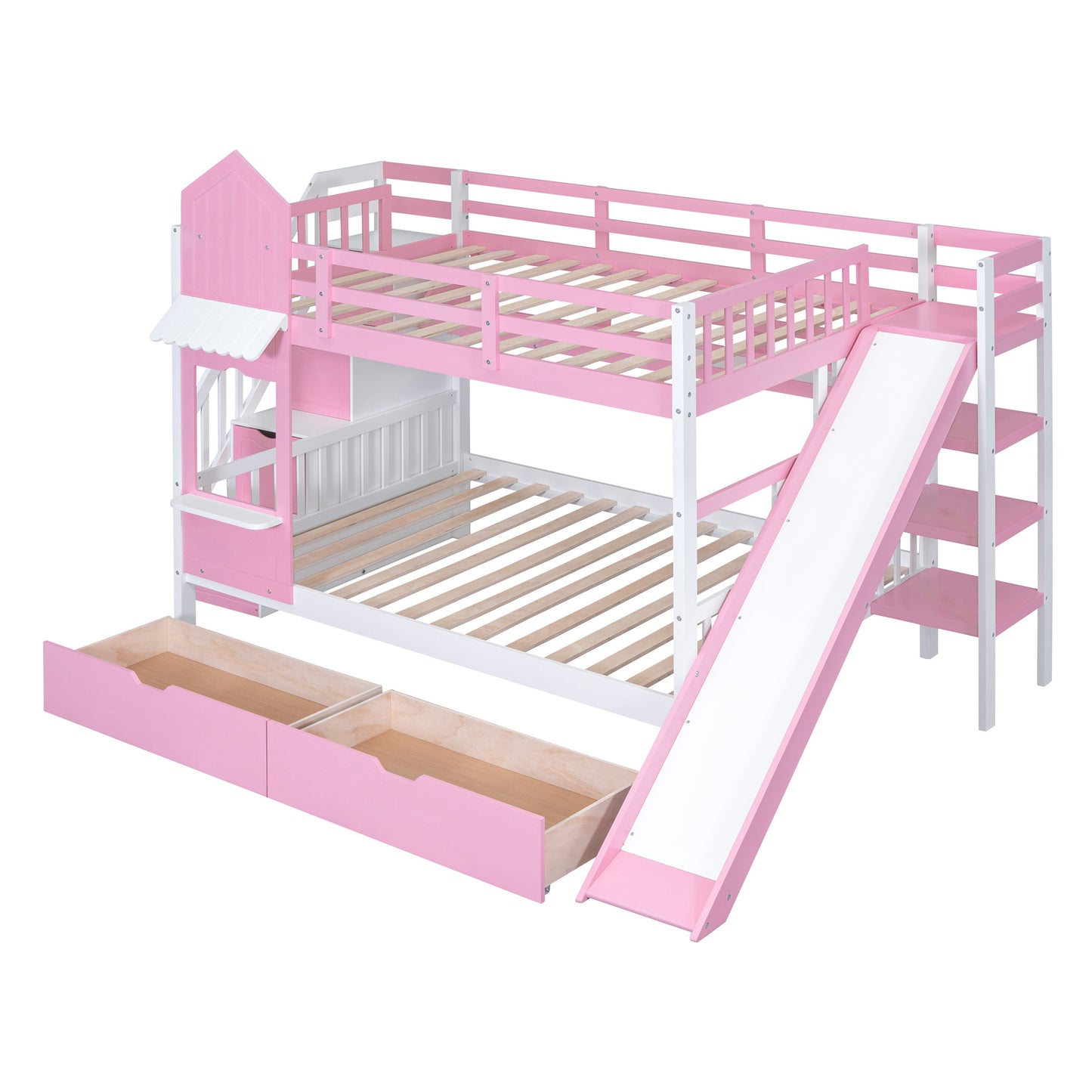 full-over-full castle style bunk bed with 2 drawers 3 shelves and slide - pink