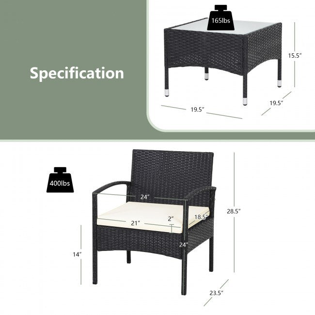 3 pieces patio wicker rattan furniture set with cushion