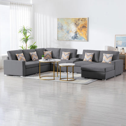 Nolan 7Pc Reversible Chaise Sectional Sofa with a USB, Charging Ports, Cupholders, Storage Console Table and Pillows