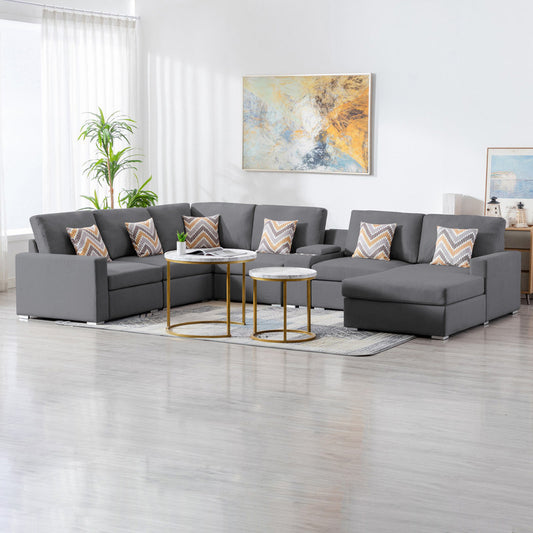 Nolan 7Pc Reversible Chaise Sectional Sofa with a USB, Charging Ports, Cupholders, Storage Console Table and Pillows