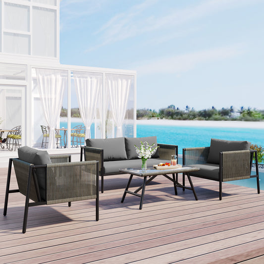 GO 4-Piece Rope Sofa Set with Thick Cushions, Gray