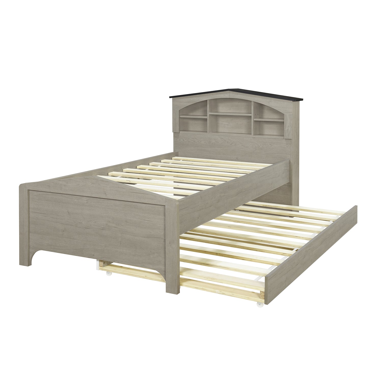 house-shaped bed with storage headboard and trundle, gray