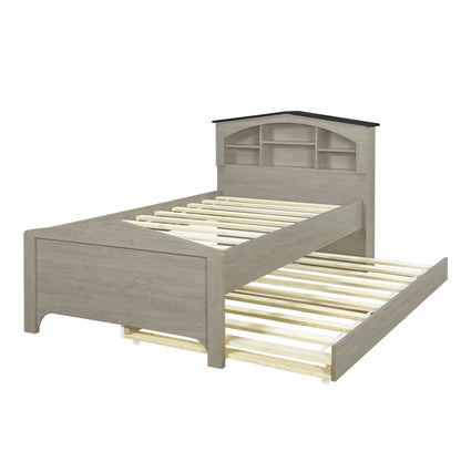 House-shaped Bed with Storage Headboard and Trundle, Gray