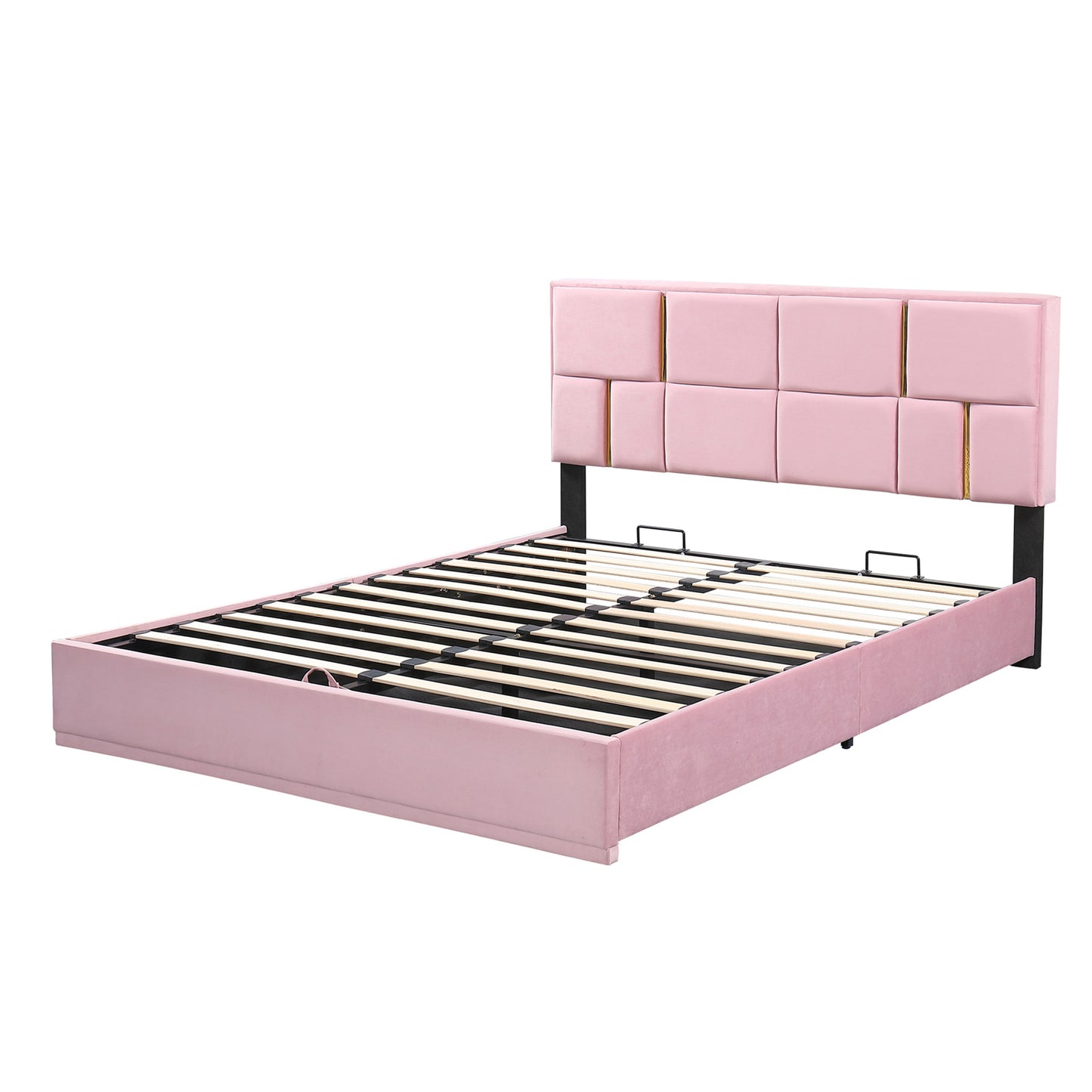 upholstered platform bed with hydraulic storage system, pink