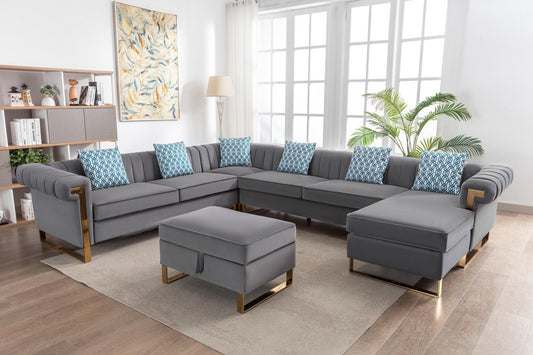 Maddie  8-Seater Sectional Sofa with Reversible Chaise and Storage Ottoman, Velvet Grey