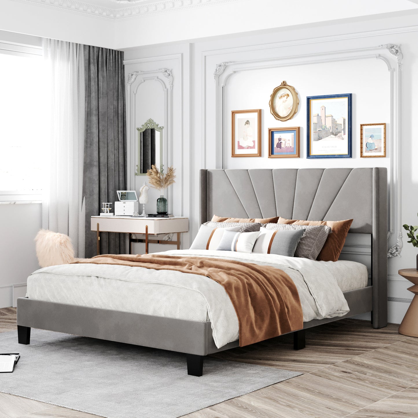 queen size velvet upholstered platform bed, grey
