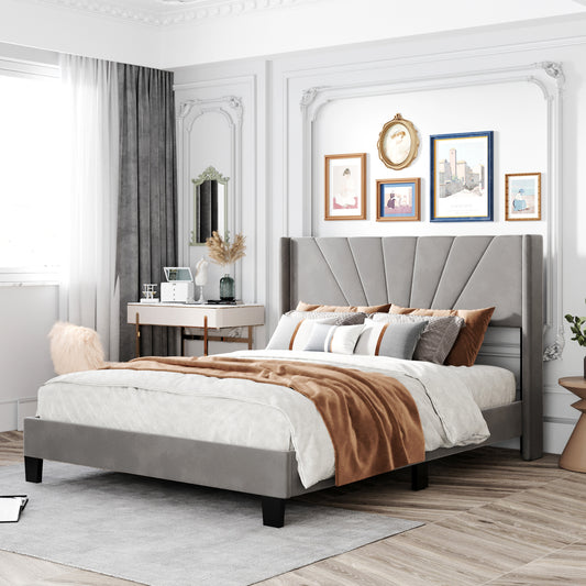 Queen Size Velvet Upholstered Platform Bed, Grey