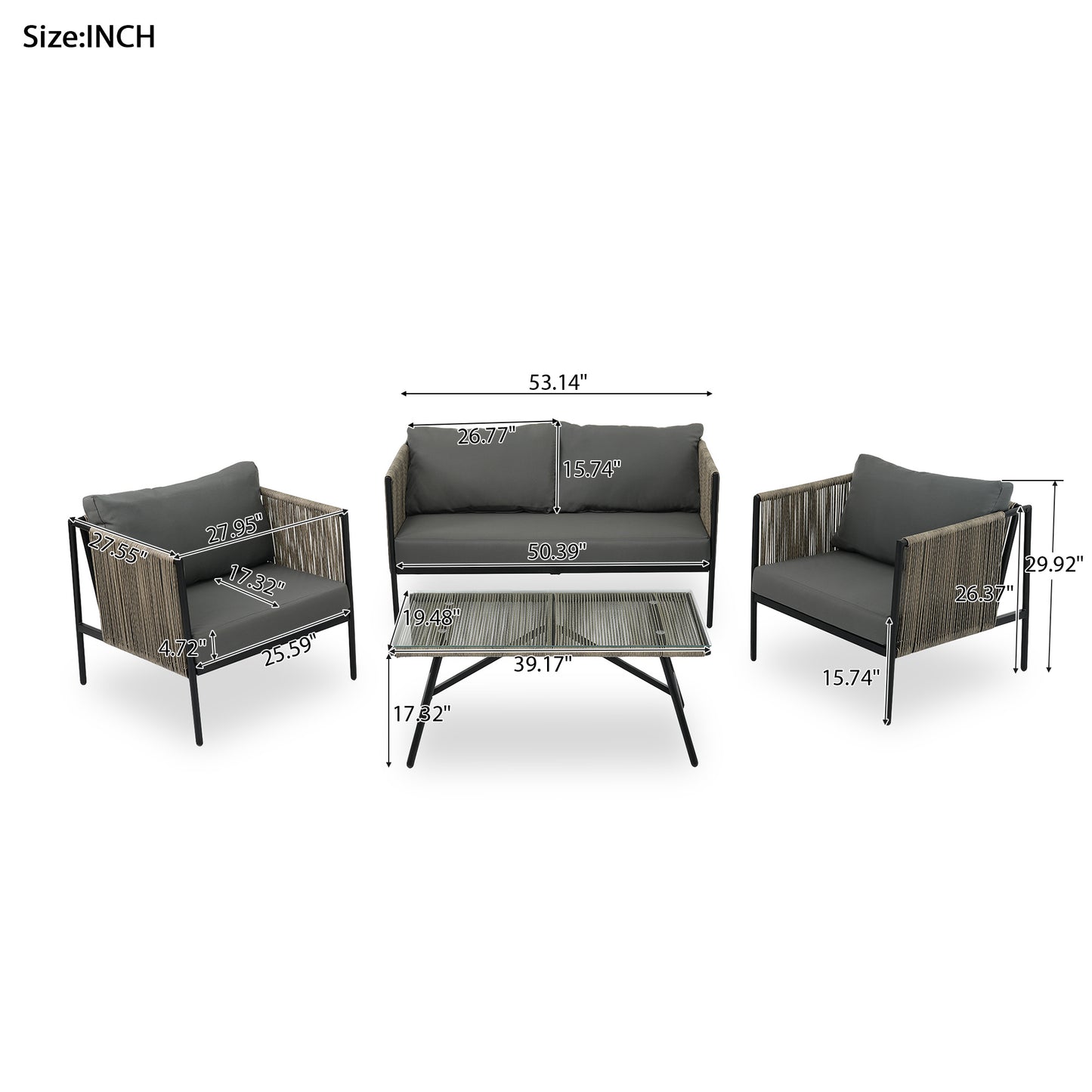 go 4-piece rope sofa set with thick cushions, gray