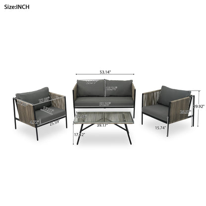 GO 4-Piece Rope Sofa Set with Thick Cushions, Gray
