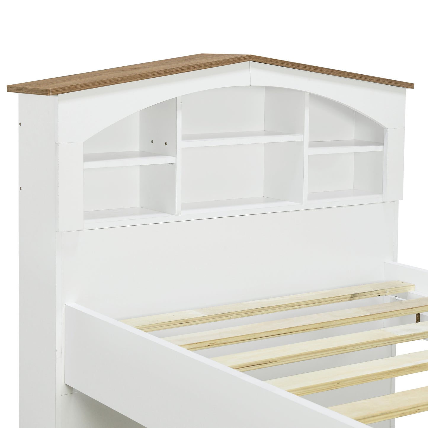 house-shaped bed with storage headboard and trundle, white
