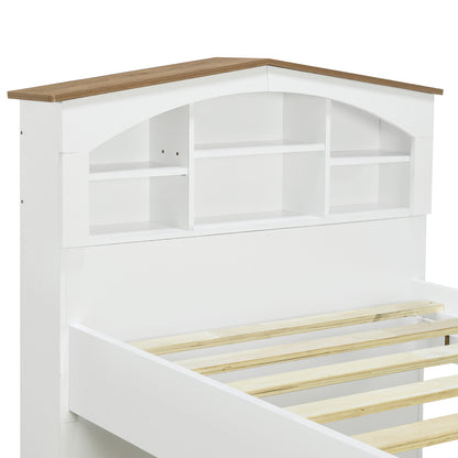 House-shaped Bed with Storage Headboard and Trundle, White