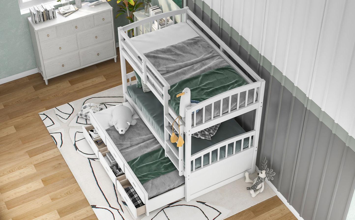 twin over twin wood bunk bed with trundle and drawers,white