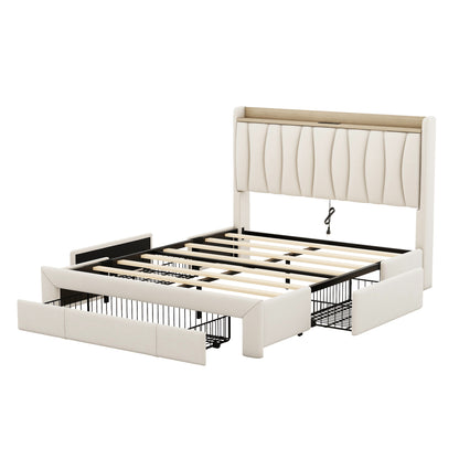 Queen Size Bed Frame with Storage Headboard and Charging Station, Beige