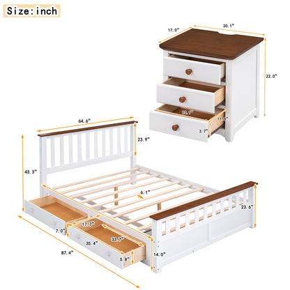 3-Pieces Bedroom Sets  with Two Nightstands(USB Charging Ports),White+Walnut
