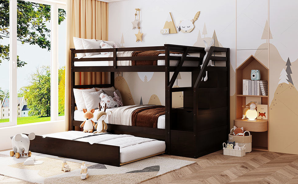 twin-over-twin bunk bed with twin size trundle and 3 storage stairs, espresso