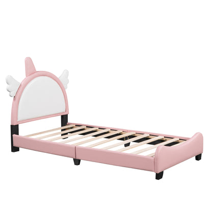 Cute Upholstered Bed With Unicorn Shape Headboard, White+Pink