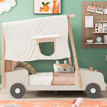 Wooded Car Bed with Pillow, Ceiling Cloth and LED Lights