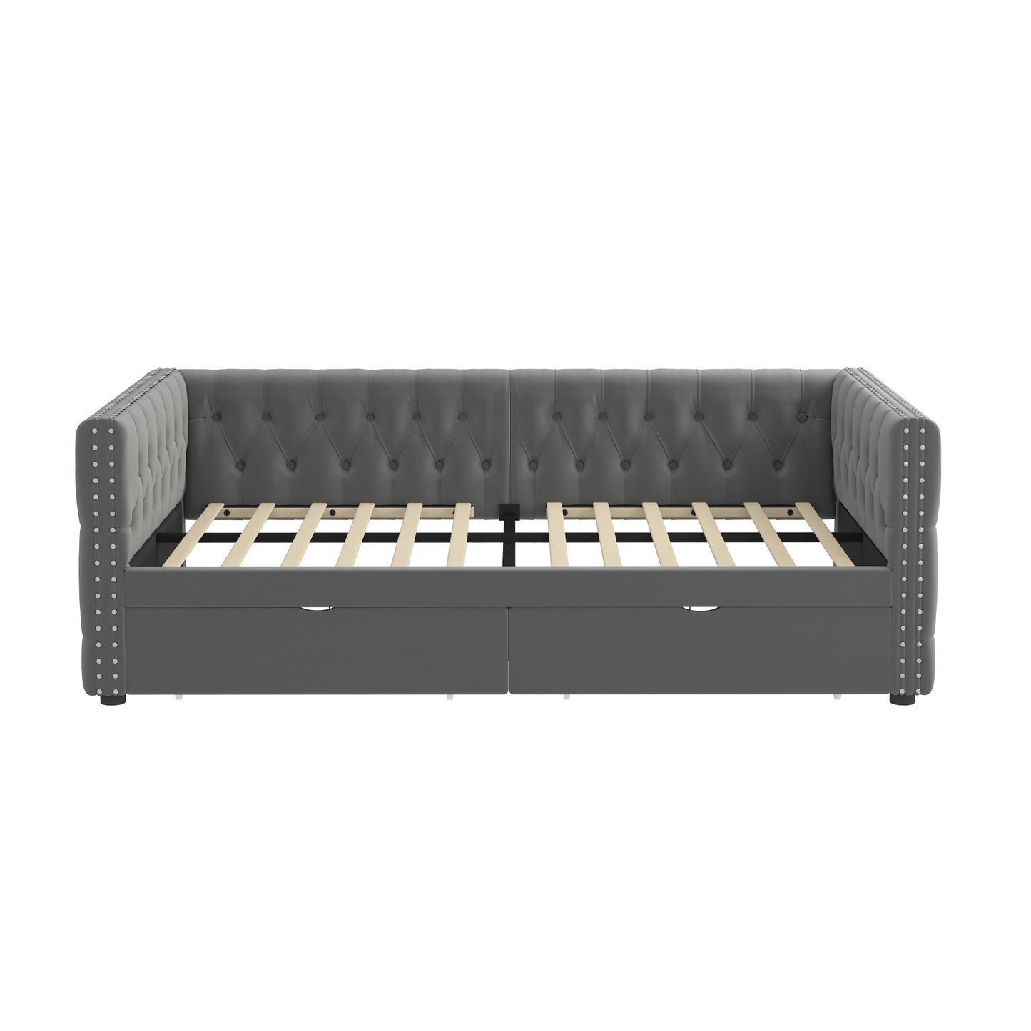 velvet upholstered tufted bed with drawers, grey