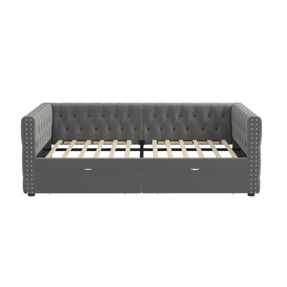 Velvet Upholstered Tufted Bed with Drawers, Grey