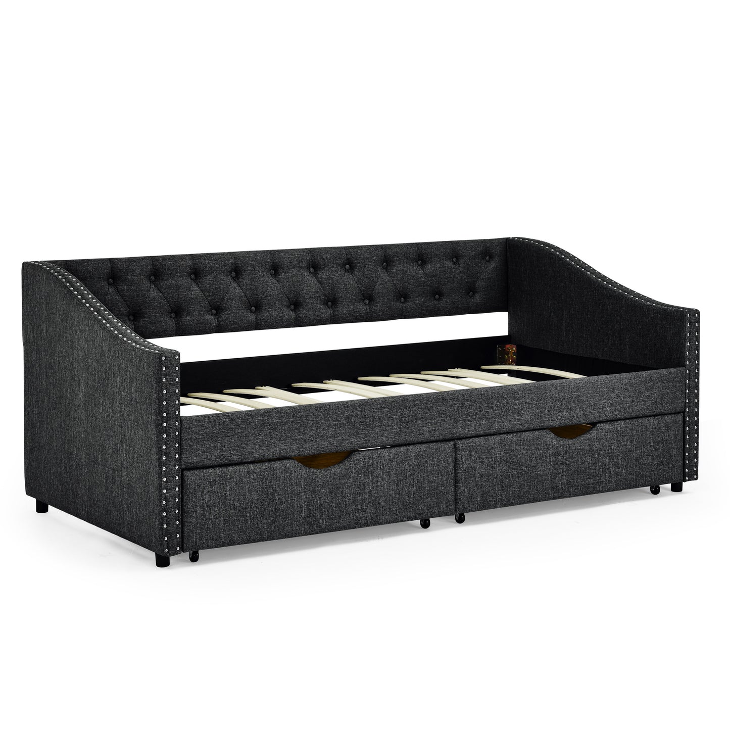 upholstered tufted sofa bed with drawers in grey