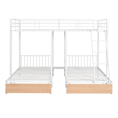Full Over Twin & Twin Bunk Bed with Drawers and Guardrails, White