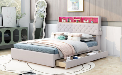 Upholstered Bed with Storage Headboard, LED, USB Charging and 2 Drawers