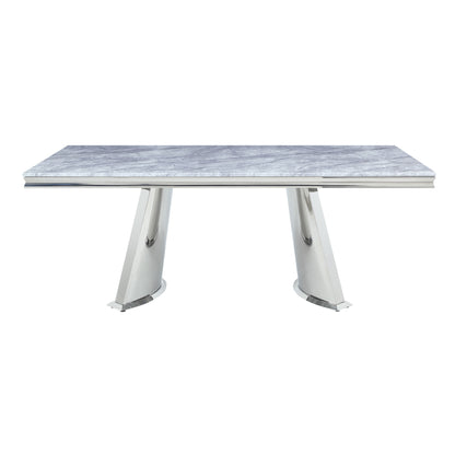 ACME Destry Dining Table, Faux Marble Top & Mirrored Silver Finish