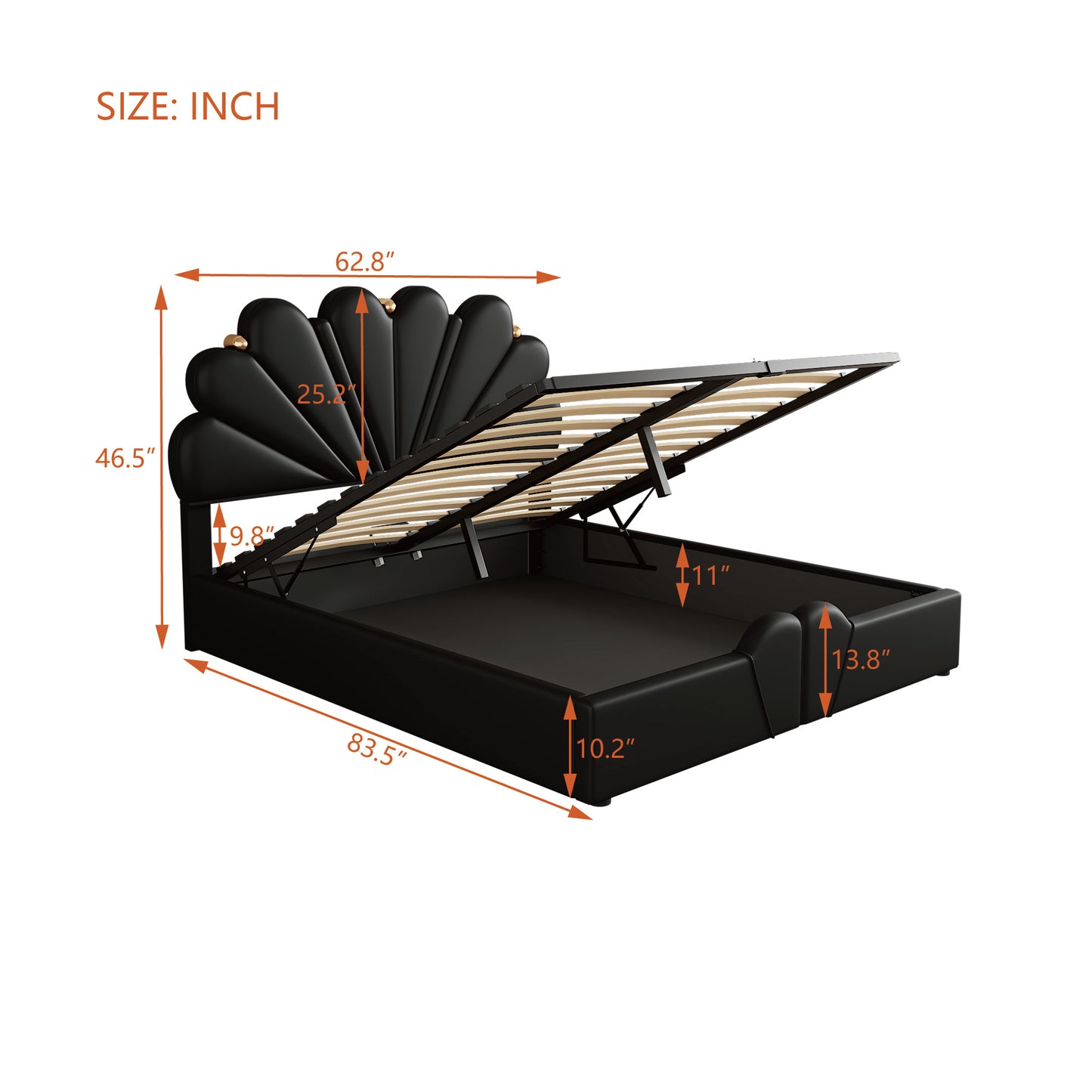 upholstered petal shaped platform bed with hydraulic storage system, pu storage bed, black