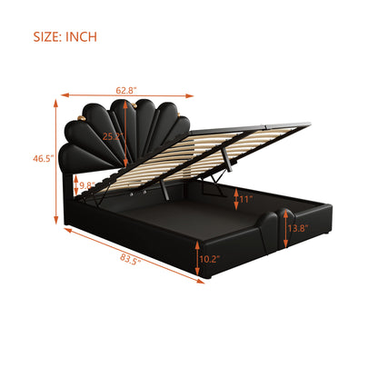 Upholstered Petal Shaped Platform Bed with Hydraulic Storage System, PU Storage Bed, Black