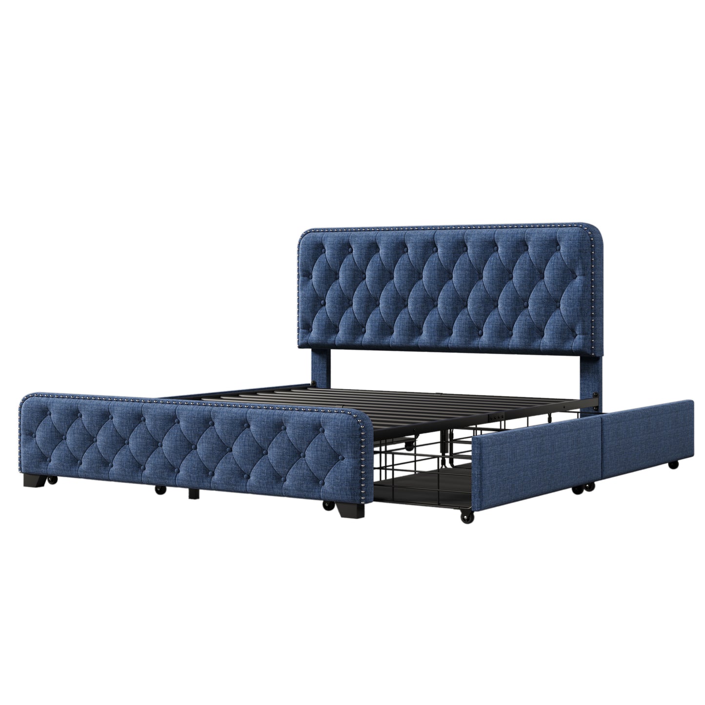 sara upholstered platform bed frame with four drawers, blue