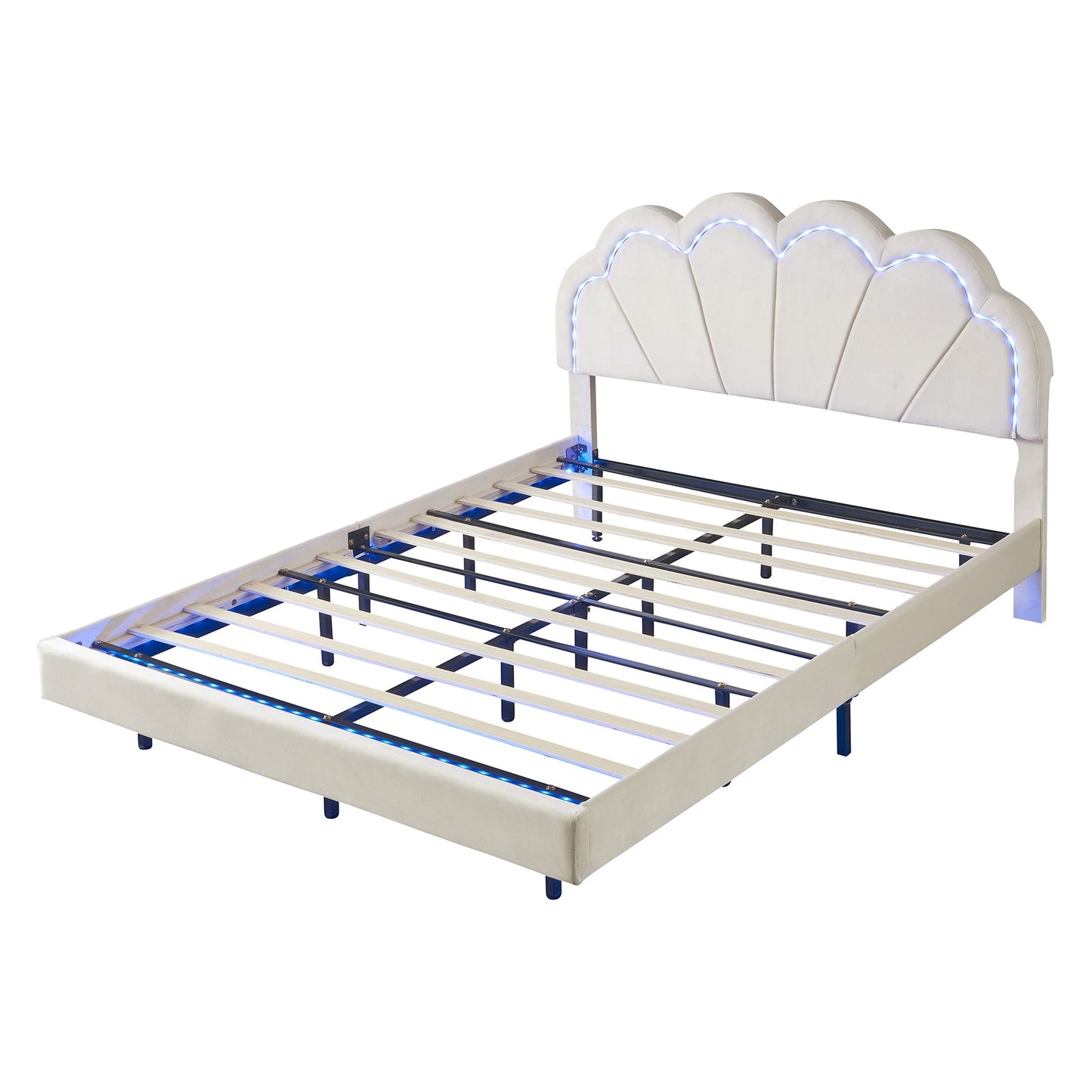 upholstered led platform bed with storage ottoman