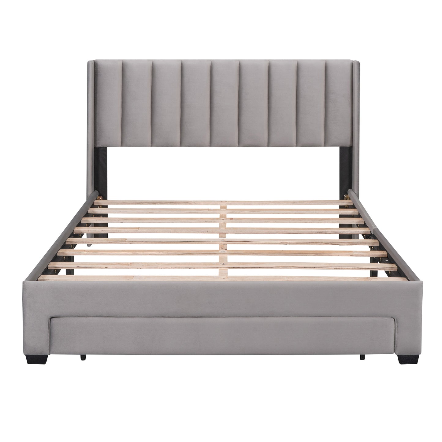 queen size storage bed velvet upholstered platform bed with a big drawer - beige