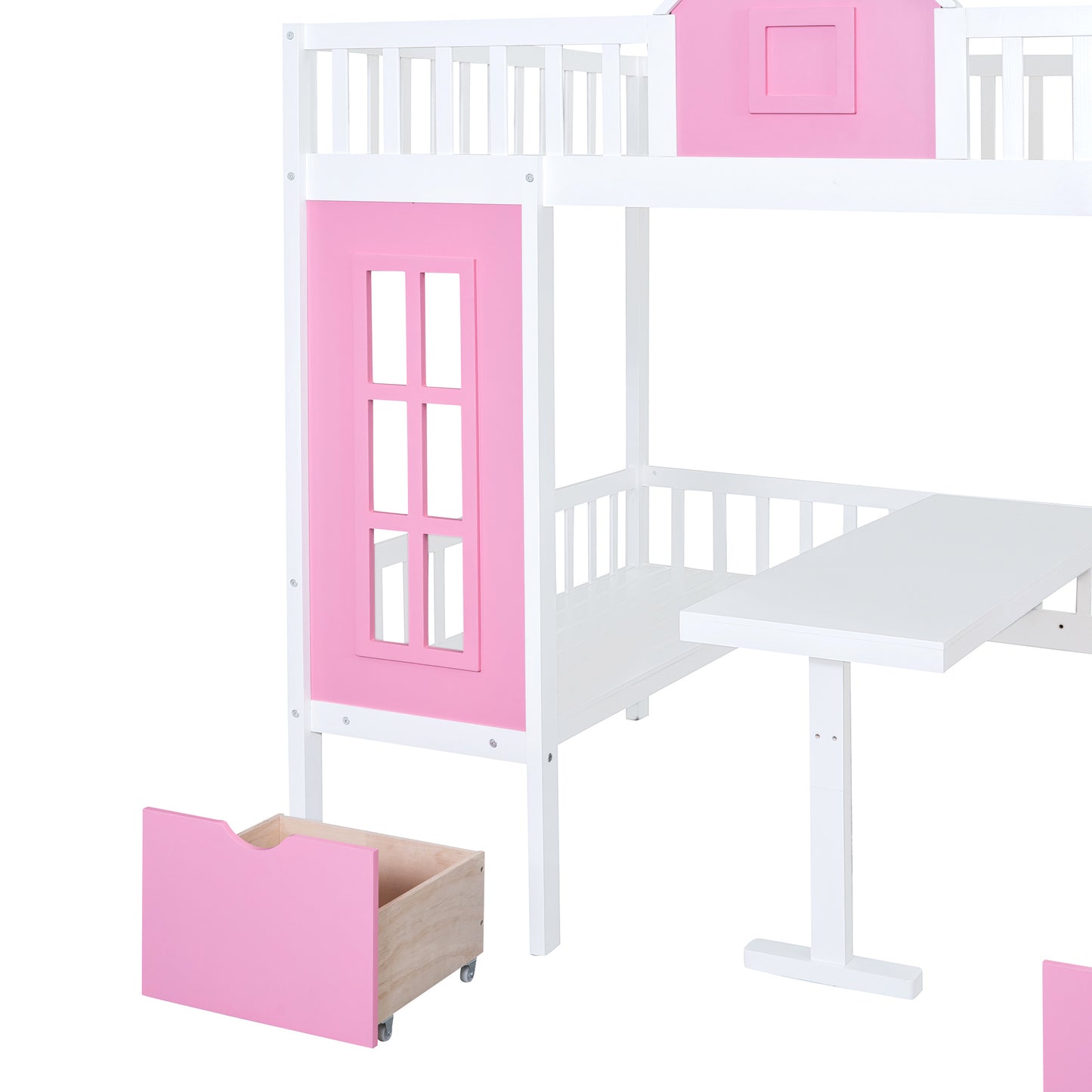 full-over-full bunk bed with changeable table, pink