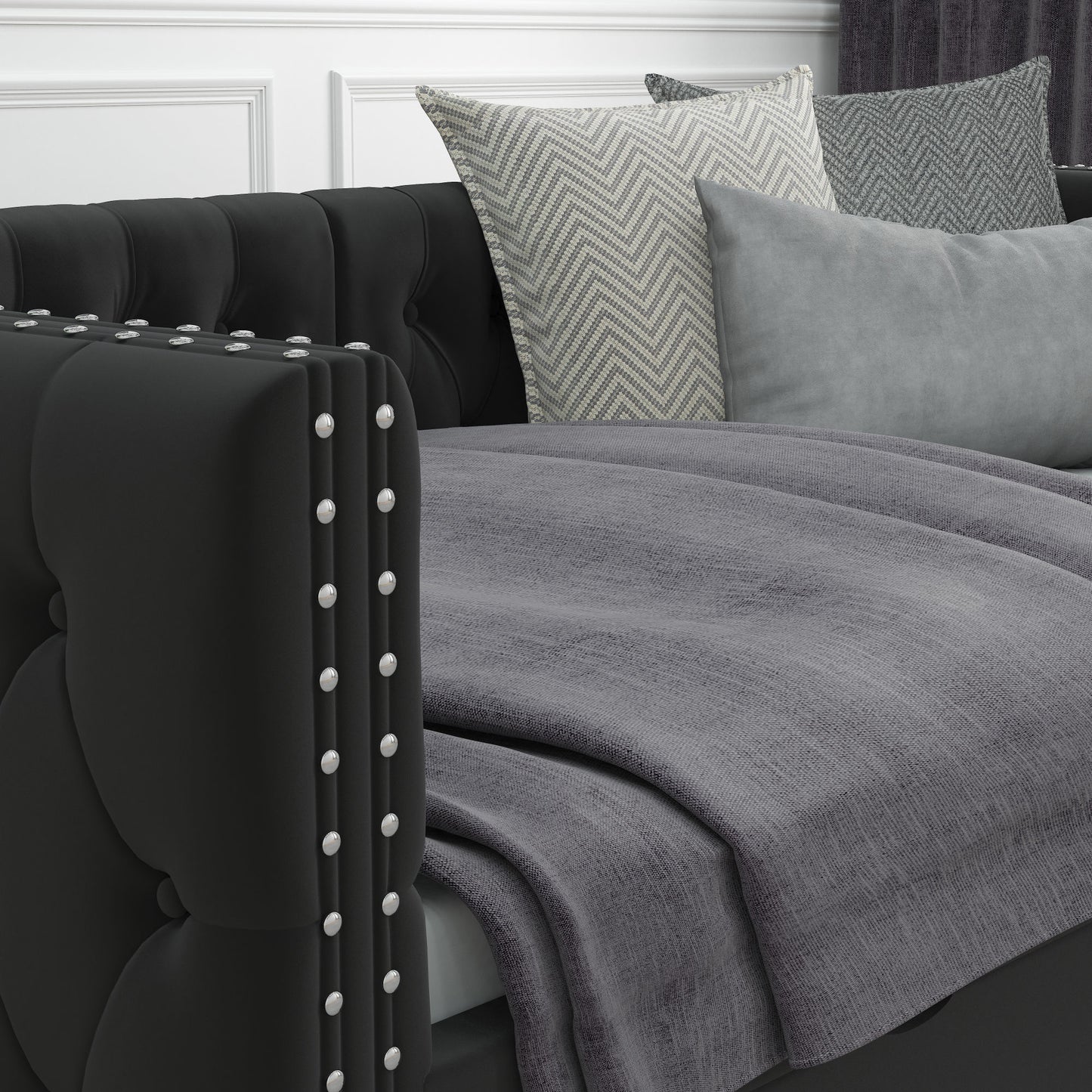 velvet upholstered tufted bed with drawers, black