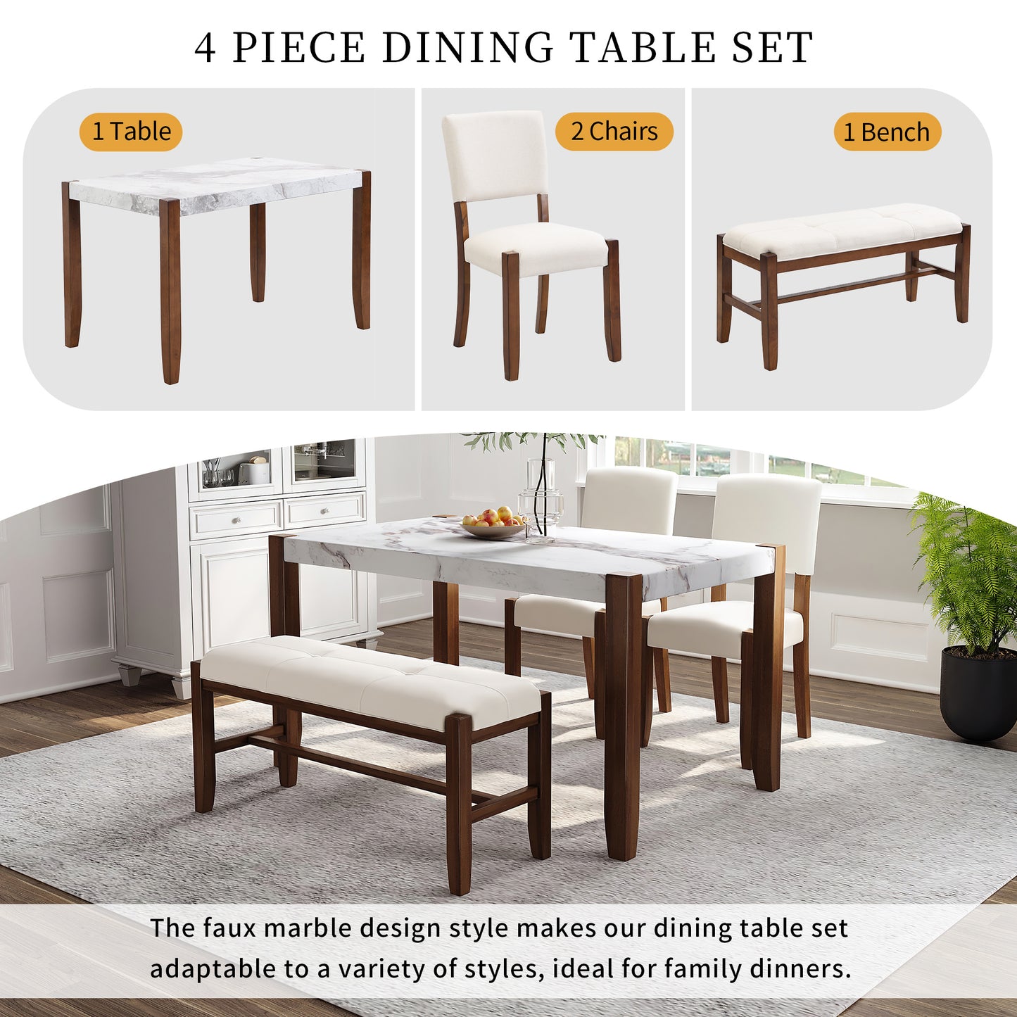 4-piece modern dining furniture set  46" faux marble style