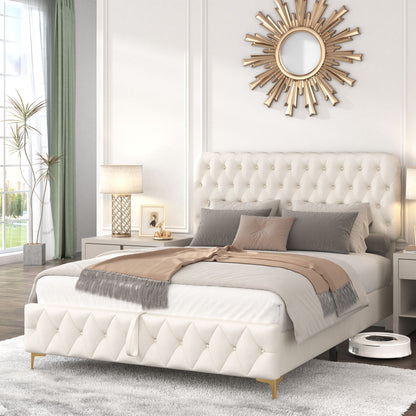 Velvet Upholstered Bed with Deep Tufted Buttons & pneumatic hydraulic function, Beige