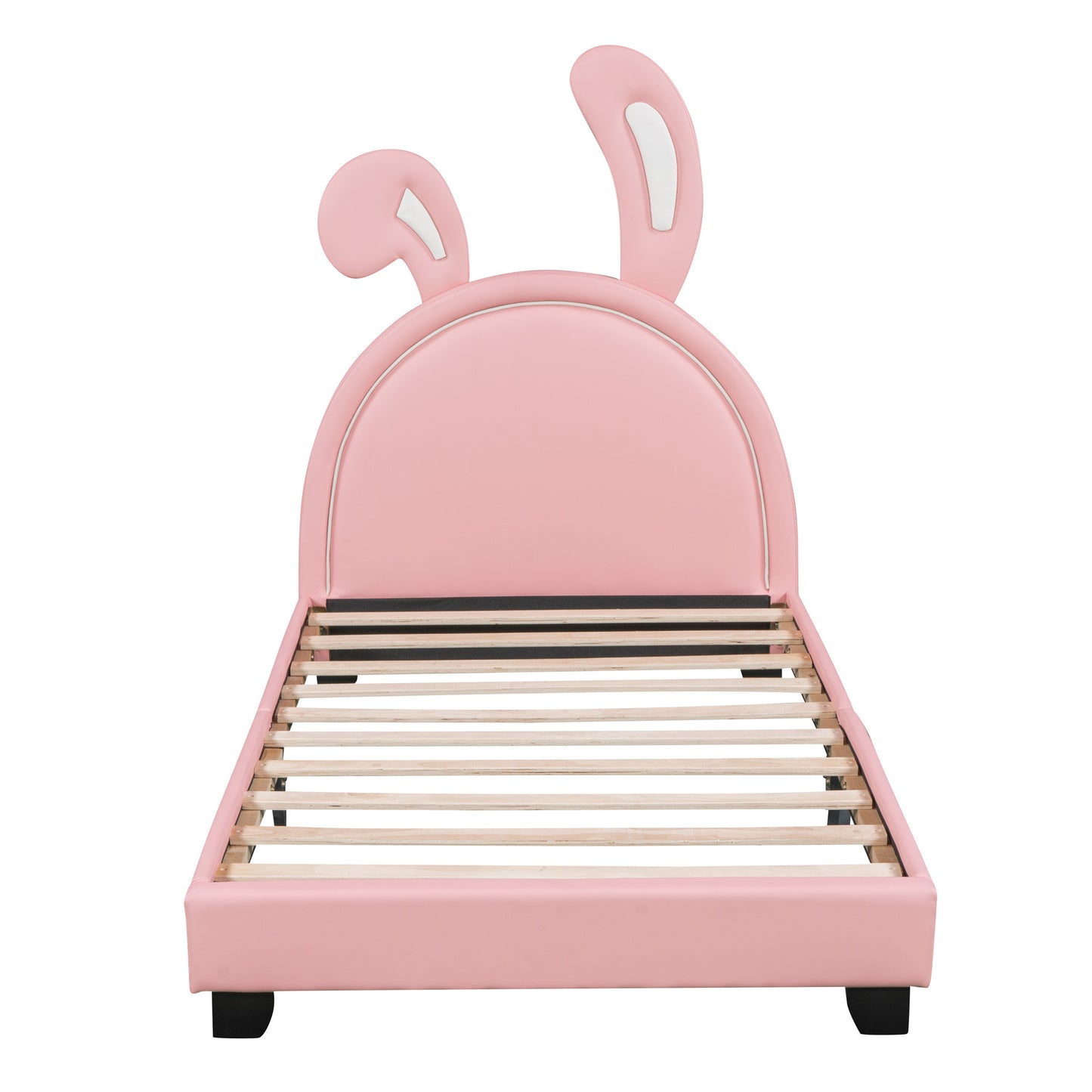 twin size upholstered leather platform bed with rabbit ornament, pink