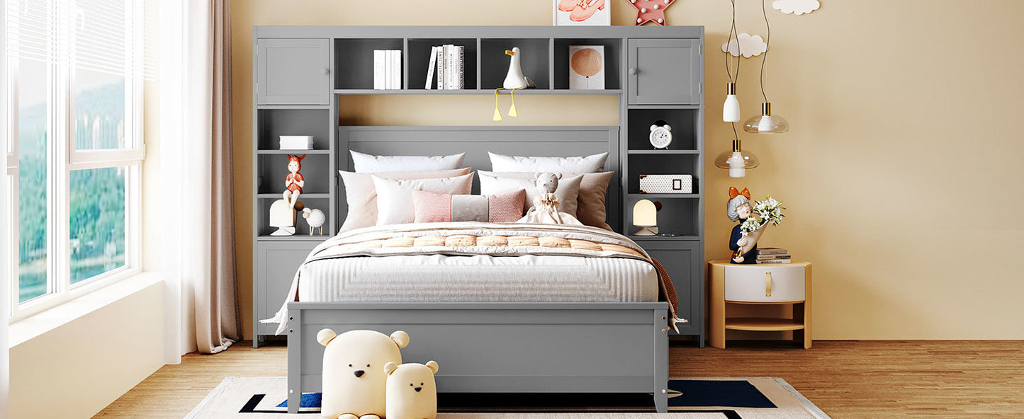wooden bed with all-in-one cabinet and shelf