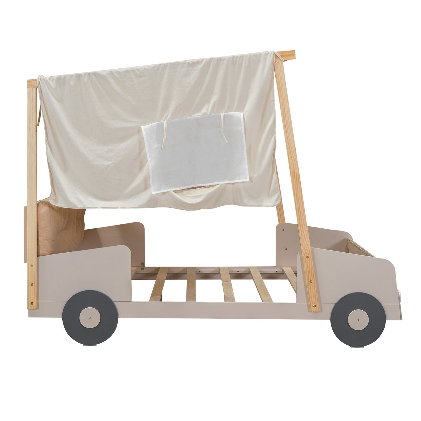 wooded car bed with pillow, ceiling cloth and led lights