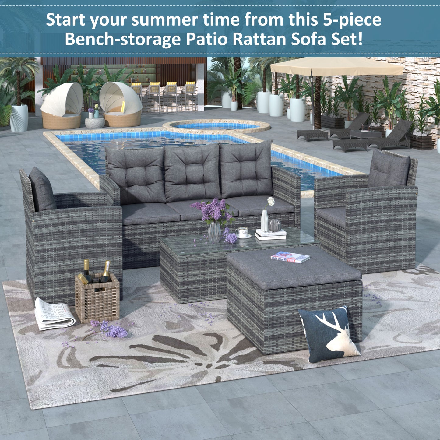 5-piece outdoor uv-resistant patio sofa set with storage bench
