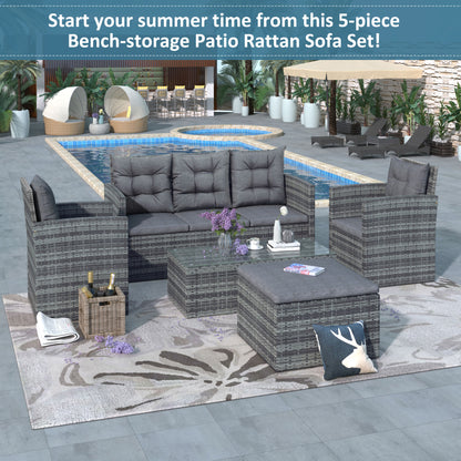 5-piece Outdoor UV-Resistant Patio Sofa Set with Storage Bench