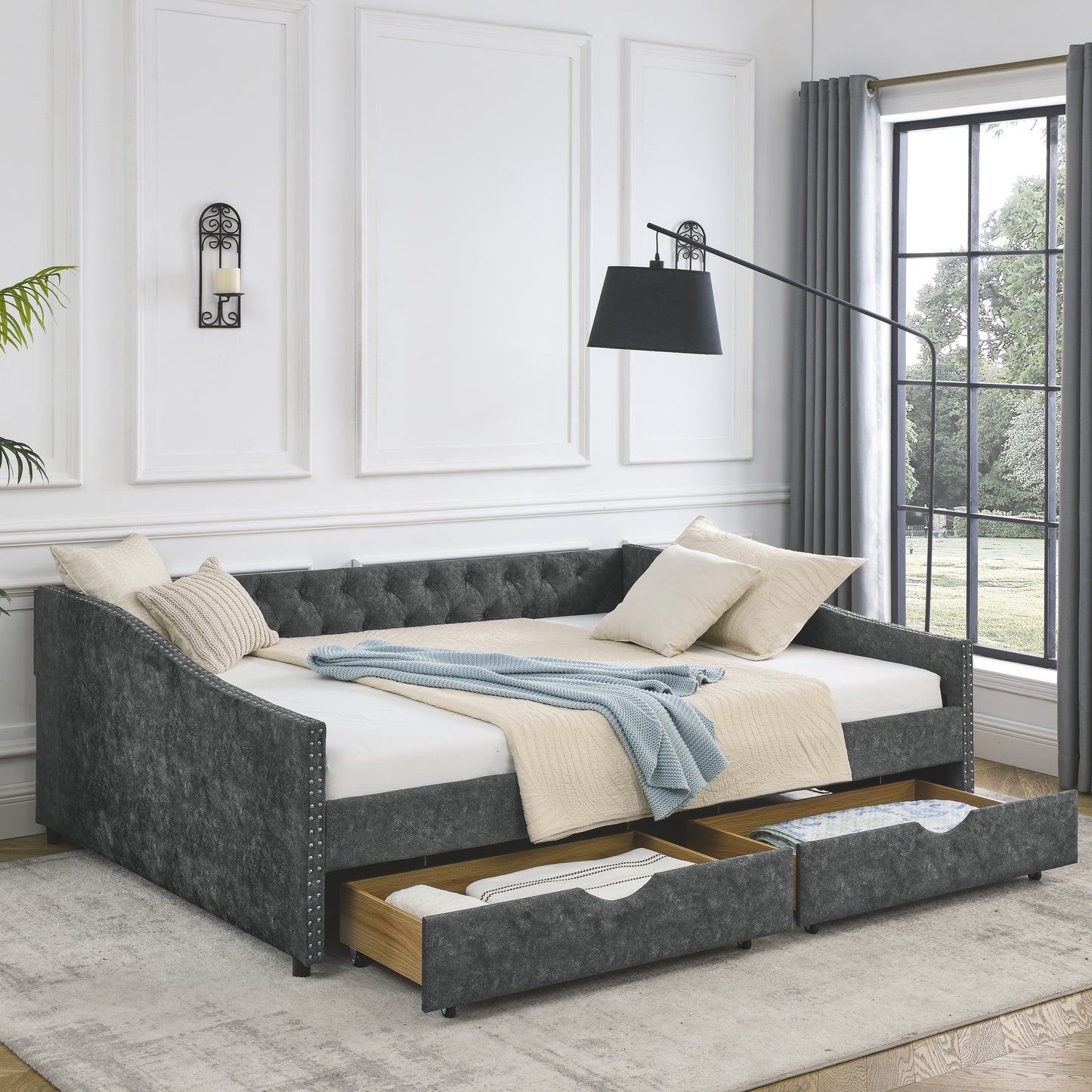 upholstered tufted daybed sofa bed with drawers, grey